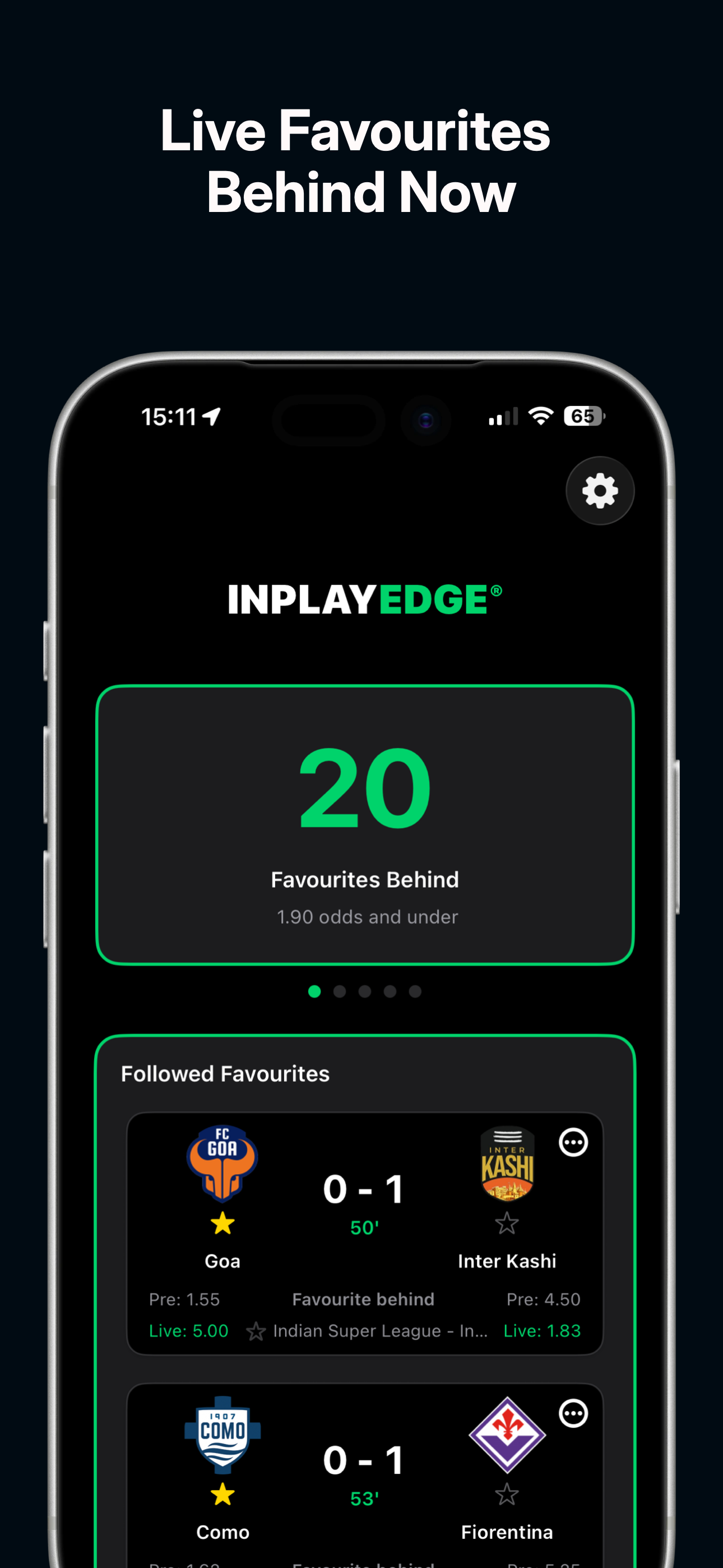 InPlayEdge app showing live favourites behind with pre-match odds and scores
